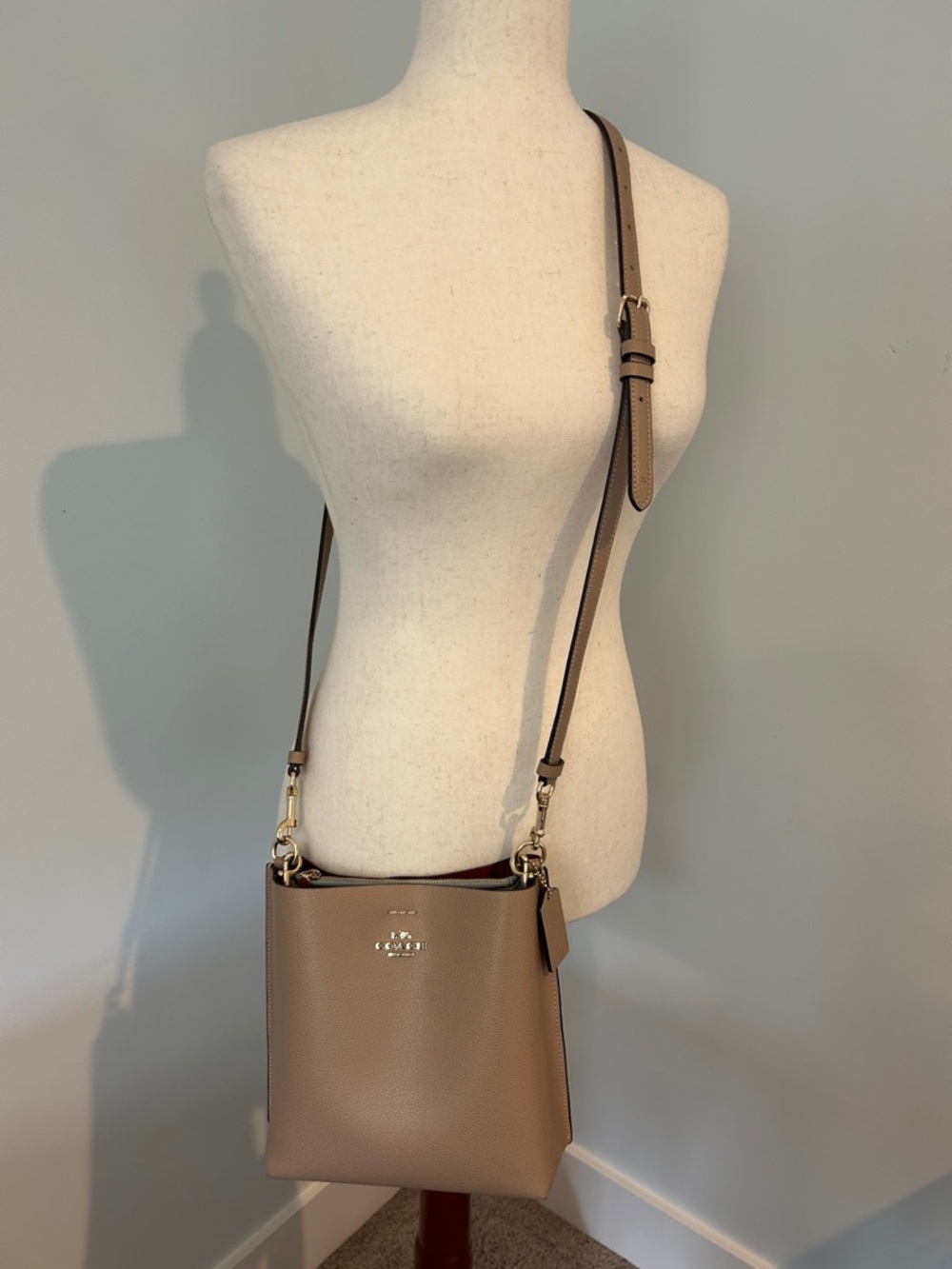 Coach Taupe Leather Crossbody Bucket Bag with Gold Hardware